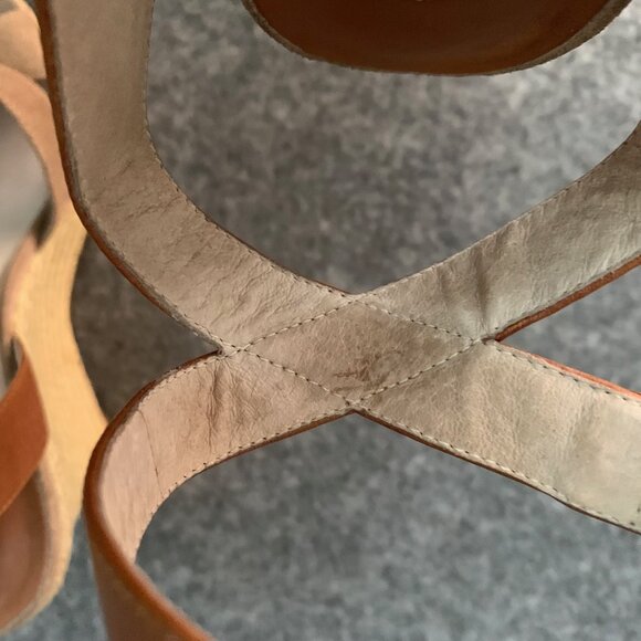 Michael Michael Kors Brown Tan Leather Suede Ankle Strap Peep Toe Wedge Sandals - Picture 8 of 12